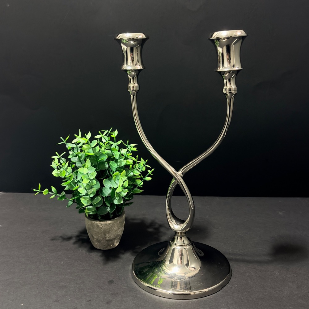 Marks & Spencer Silver Tone Infinity Twist Double Candelabra Taper Holder 11.5in
